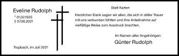 Traueranzeige von Eveline Rudolph von Siegener Zeitung