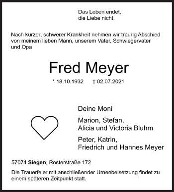 Traueranzeige von Fred Meyer von Siegener Zeitung