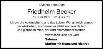 Traueranzeige von Friedhelm Becker von Siegener Zeitung