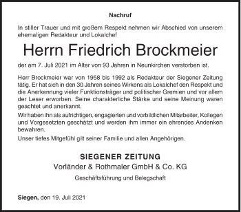 Traueranzeige von Friedrich Brockmeier von Siegener Zeitung
