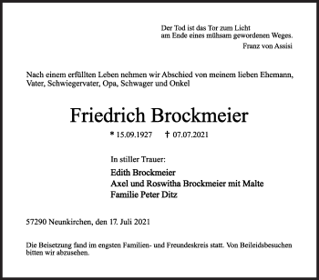 Traueranzeige von Friedrich Brockmeier von Siegener Zeitung