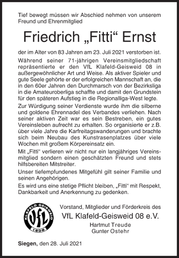 Traueranzeige von Friedrich Ernst von Siegener Zeitung