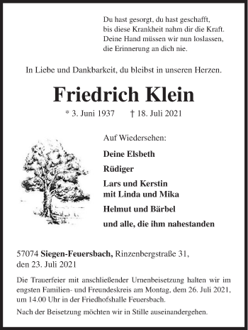 Traueranzeige von Friedrich Klein von Siegener Zeitung