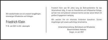 Traueranzeige von Friedrich Klein von Siegener Zeitung