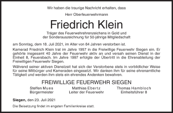 Traueranzeige von Friedrich Klein von Siegener Zeitung