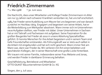 Traueranzeige von Friedrich Zimmermann von Siegener Zeitung