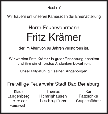 Traueranzeige von Fritz Krämer von Siegener Zeitung