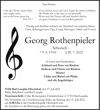 Traueranzeige von Georg Rothenpieler von Siegener Zeitung