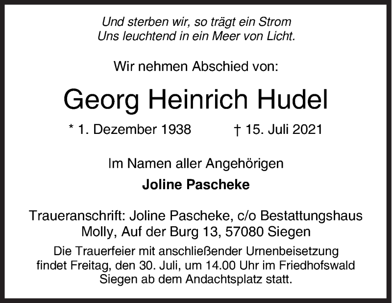  Traueranzeige für Georg Heinrich Hudel vom 24.07.2021 aus Siegener Zeitung