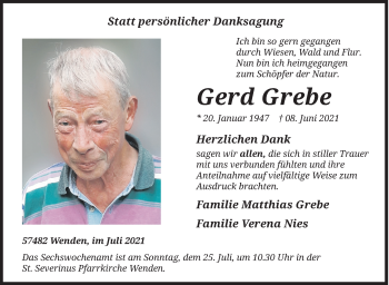 Traueranzeige von Gerd Grebe von Siegener Zeitung
