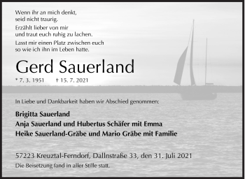 Traueranzeige von Gerd Sauerland von Siegener Zeitung