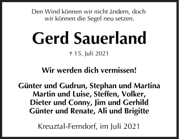 Traueranzeige von Gerd Sauerland von Siegener Zeitung