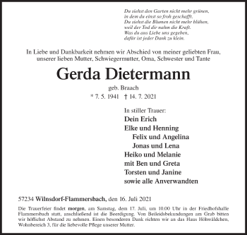 Traueranzeige von Gerda Dietermann von Siegener Zeitung