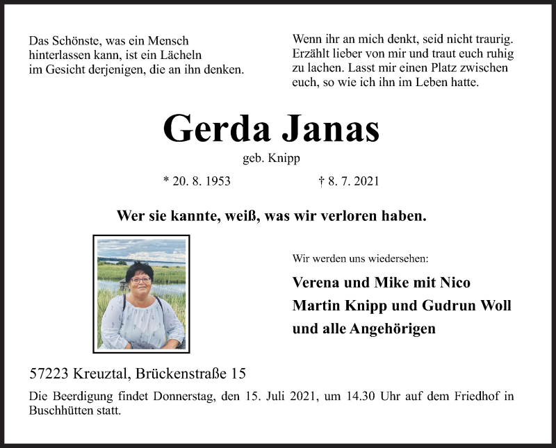  Traueranzeige für Gerda Janas vom 14.07.2021 aus Siegener Zeitung