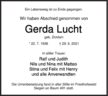 Traueranzeige von Gerda Lucht von Siegener Zeitung
