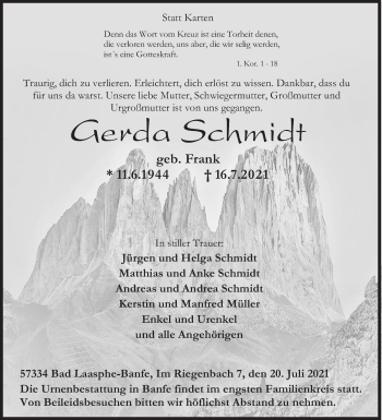 Traueranzeige von Gerda Schmidt von Siegener Zeitung