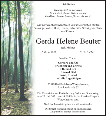 Traueranzeige von Gerda Helene Beuter von Siegener Zeitung