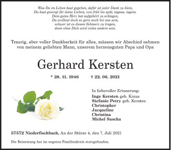 Traueranzeige von Gerhard Kersten von Siegener Zeitung