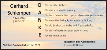 Traueranzeige von Gerhard Schlemper von Siegener Zeitung