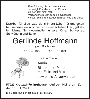Traueranzeige von Gerlinde Hoffmann von Siegener Zeitung