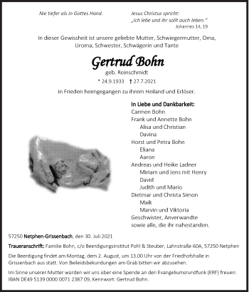 Traueranzeige von Gertrud Bohn von Siegener Zeitung