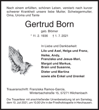 Traueranzeige von Gertrud Born von Siegener Zeitung