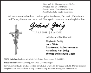 Traueranzeige von Gertrud Gedig von Siegener Zeitung