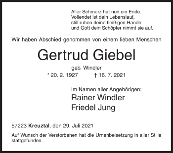 Traueranzeige von Gertrud Giebel von Siegener Zeitung