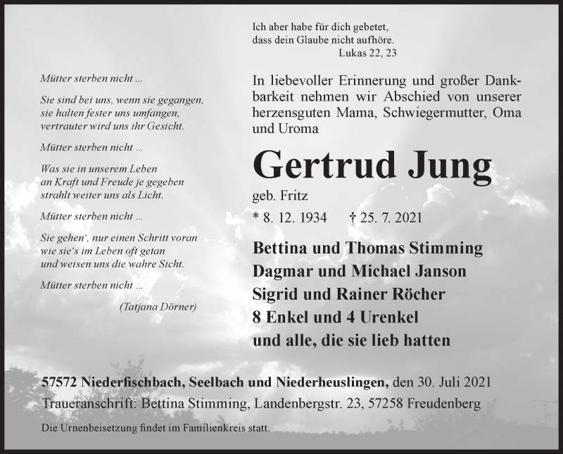  Traueranzeige für Gertrud Jung vom 30.07.2021 aus Siegener Zeitung