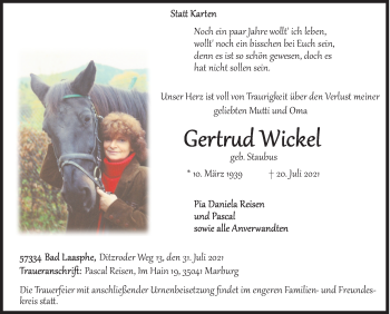 Traueranzeige von Gertrud Wickel von Siegener Zeitung