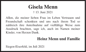 Traueranzeige von Gisela Menn von Siegener Zeitung