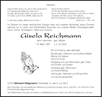 Traueranzeige von Gisela Reichmann von Siegener Zeitung