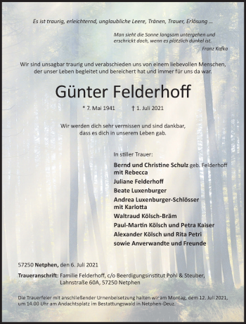 Traueranzeige von Günter Felderhoff von Siegener Zeitung