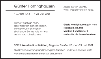 Traueranzeige von Günter Homrighausen von Siegener Zeitung
