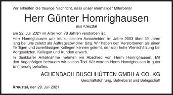 Traueranzeige von Günter Homrighausen von Siegener Zeitung