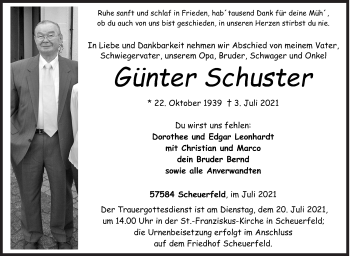 Traueranzeige von Günter Schuster von Siegener Zeitung
