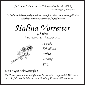 Traueranzeige von Halina Vorreiter von Siegener Zeitung