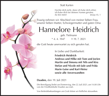 Traueranzeige von Hannelore Heidrich von Siegener Zeitung