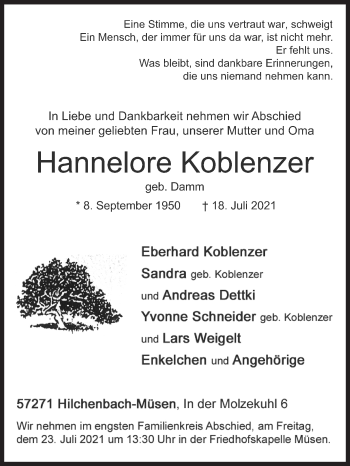 Traueranzeige von Hannelore Koblenzer von Siegener Zeitung