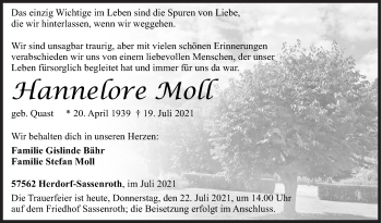 Traueranzeige von Hannelore Moll von Siegener Zeitung