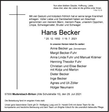 Traueranzeige von Hans Becker von Siegener Zeitung