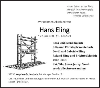 Traueranzeige von Hans Eling von Siegener Zeitung