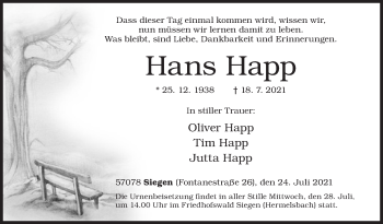 Traueranzeige von Hans Happ von Siegener Zeitung