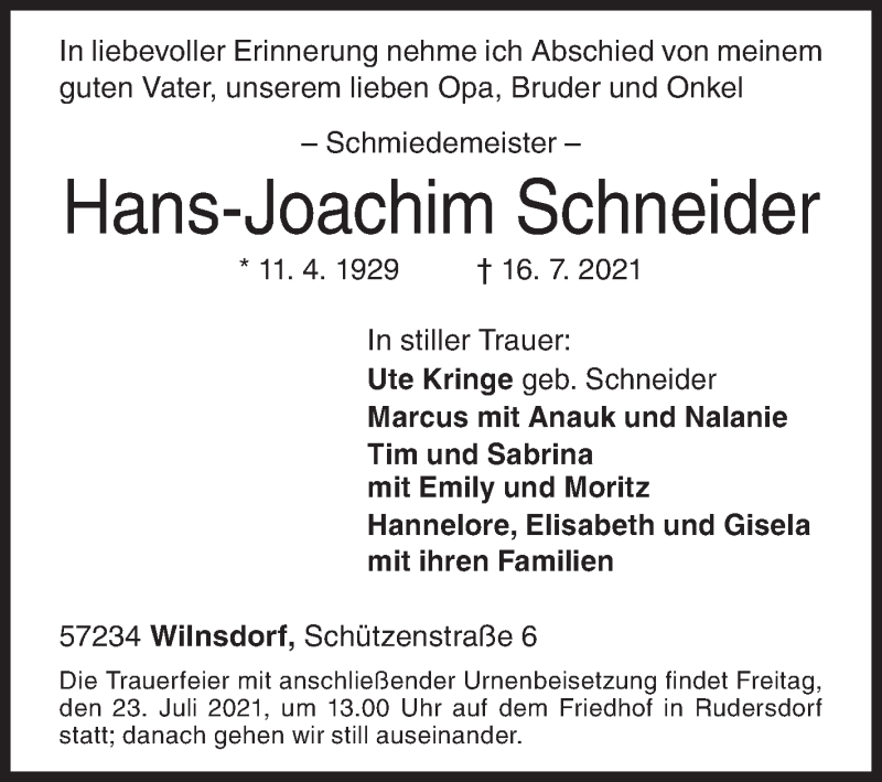  Traueranzeige für Hans-Joachim Schneider vom 20.07.2021 aus Siegener Zeitung