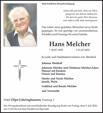 Traueranzeige von Hans Melcher von Siegener Zeitung