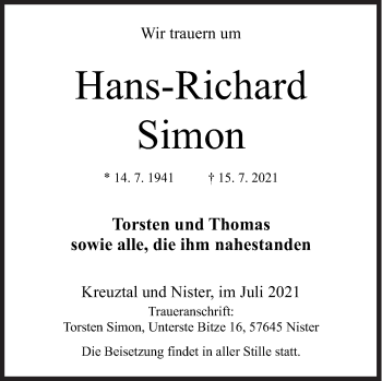 Traueranzeige von Hans-Richard Simon von Siegener Zeitung