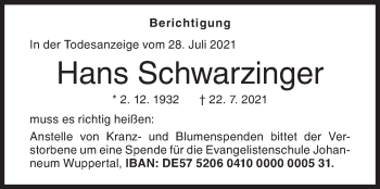 Traueranzeige von Hans Schwarzinger von Siegener Zeitung