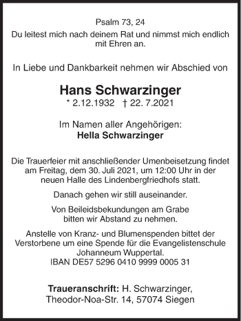 Traueranzeige von Hans Schwarzinger von Siegener Zeitung
