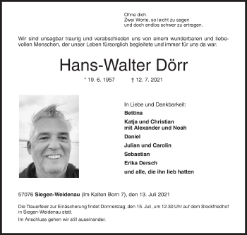 Traueranzeige von Hans-Walter Dörr von Siegener Zeitung