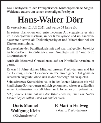 Traueranzeige von Hans-Walter Dörr von Siegener Zeitung